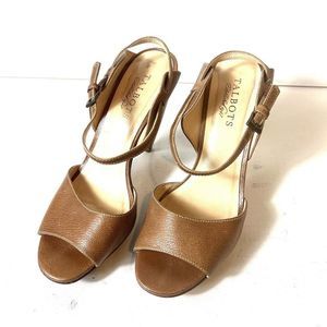 TALBOTS Tan Leather Ankle Strap Sling Back High Heel Sandals Womens 7.5 B Brazil